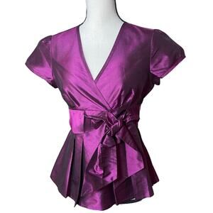 Ann Taylor Silk Iridescent Magenta Faux Wrap Size 2 Blouse Coquette Glam Regency